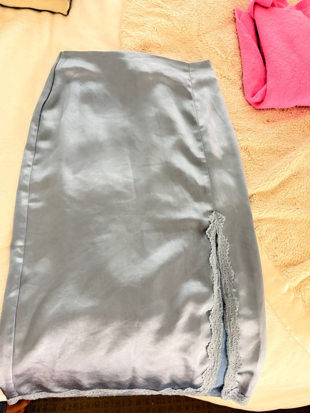 Lush Silver-Gray Satin Pencil Skirt with Lace Trim